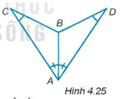 Cho các điểm A, B, C, D như Hình 4.25, biết rằng ∠BAC = ∠BAD và ∠BCA = ∠BDA