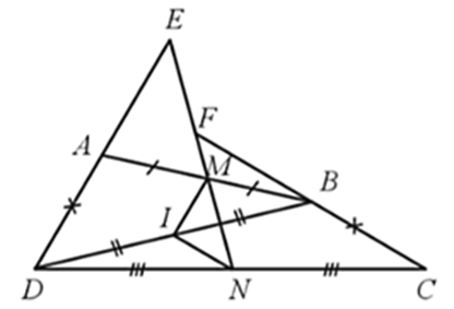 Cho tứ giác ABCD có AD = BC. Đường thẳng đi qua trung điểm M và N lần lượt