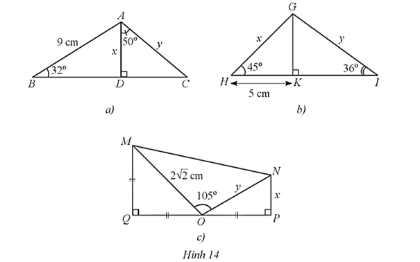 Tìm x, y trong mỗi hình 14a, 14b, 14c (làm tròn kết quả đến hàng phần mười của centimét)