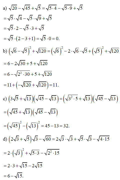 Rút gọn biểu thức: căn bậc hai 20- căn bậc hai 45 + căn bậc hai 5