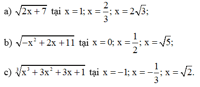 Tính giá trị của mỗi biểu thức sau: căn bậc hai của (2x + 7) tại x= 1