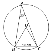 Cho tam giác ABC có BC = 10 và góc BAC = 30 độ. Tính bán kính đường tròn ngoại tiếp tam giác ABC