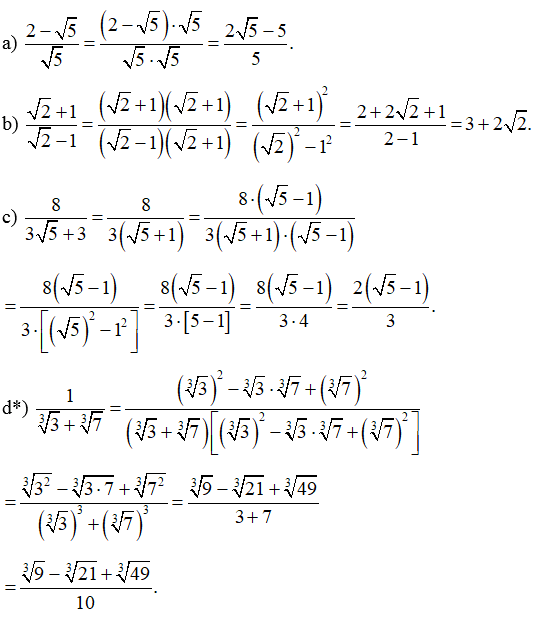 Trục căn thức ở mẫu (2 - √5)/ √5; (√2+1)/(√2-1)