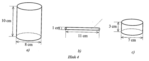 Tính diện tích toàn phần của mỗi hình trụ cho ở các hình 4a, 4b, 4c sau