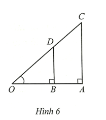 Cho Hình 6 có AB = 3 cm, CD = 4 cm. Tính số đo góc AOC (làm tròn kết quả đến hàng đơn vị của độ)