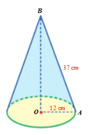 Cho tam giác OAB vuông tại O có AB = 37 cm, OA = 12 cm. Tính diện tích xung quanh và thể tích