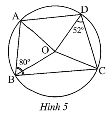 Cho tứ giác ABCD nội tiếp đường tròn (O) có góc ABC = 80 độ và góc CDO = 52 độ (Hình 5)