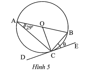 Cho biết DE là tiếp tuyến của đường tròn trong Hình 5. Số đo θ của góc BCE trong hình là
