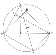 Cho tam giác nhọn ABC nội tiếp đường tròn (O). Ba đường cao AD, BE và CF của tam giác ABC cắt nhau tại H