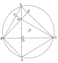 Cho tam giác ABC nội tiếp đường tròn (O), vẽ AX ⊥ BC và cắt nhau tại điểm D. Cho điểm H trên đoạn thẳng AD