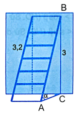 Một cái thang dài 3,2 m đặt tựa bức tường, đầu thang đạt đến độ cao 3 m thì thang tạo với mặt đất góc α xấp xỉ bằng bao nhiêu độ