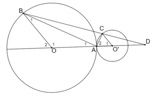 Cho hai đường tròn (O; R) và (O'; R') tiếp xúc ngoài với nhau tại A, hai điểm B thuộc 0 và C thuộc 0