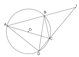 Cho tứ giác ABCD nội tiếp đường tròn (O) sao cho hai tia AB và DC cắt nhau tại điểm I. Chứng minh rằng