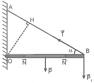 Một thanh có độ dài L, trọng lượng 10 N, được treo nằm ngang vào tường như Hình 21.4