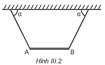 Một thanh AB khối lượng 8 kg, dài 60 cm được treo nằm ngang nhờ hai sợi dây dài 50 cm