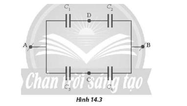 Cho các tụ điện với điện dung C1=C4 =3 uF, C2 = C3= 6uF , ban đầu không tích điện 