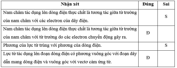 Chỉ ra đáp án đúng, đáp án sai. Nam châm tác dụng lên dòng điện thực chất là