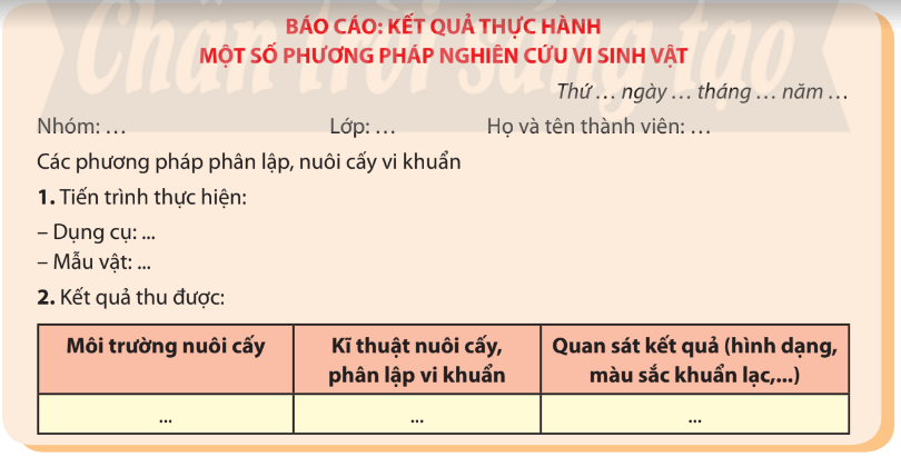 Lý thuyết Sinh 10 Bài 23: Thực hành: Một số phương pháp nghiên cứu vi sinh vật - Chân trời sáng tạo