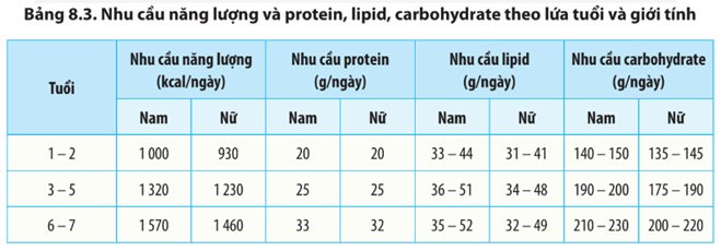 Quan sát Bảng 8.3, hãy cho biết sự khác nhau về nhu cầu năng lượng