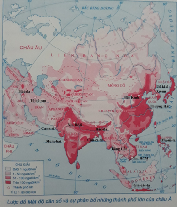 Tập bản đồ Địa Lí lớp 8 Bài 6 (ngắn nhất): Thực hành: Đọc, phân tích lược đồ phân bố dân cư và các thành phố lớn của châu Á