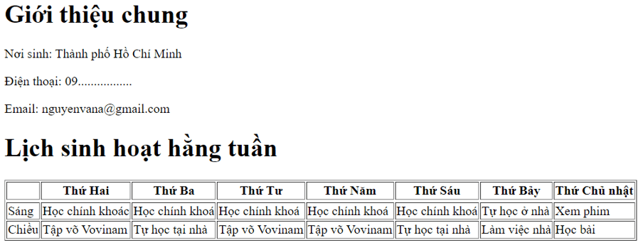 Em hãy bổ sung thêm cột nội dung công việc của các ngày còn lại cho Lịch sinh hoạt