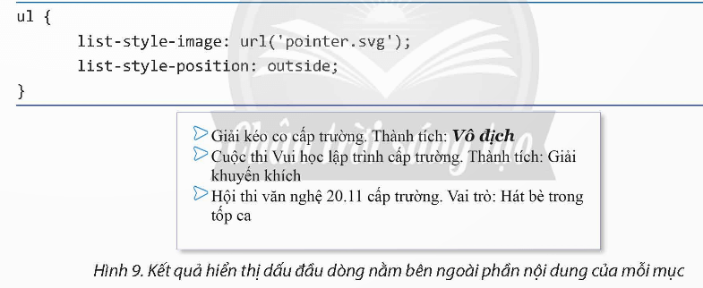 Em hãy thay đổi lần lượt các giá trị của thuộc tính list-style-position đồng thời