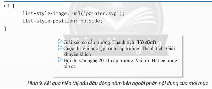 Em hãy thay đổi lần lượt các giá trị của thuộc tính list-style-position, đồng thời thay đổi độ rộng