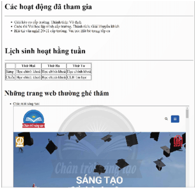 Bổ sung những nội dung sau vào trang web portfolio.html: Mục Lịch sinh hoạt hằng tuần