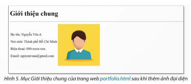 Em hãy bổ sung các nội dung sau vào trang web portfolio.html: Thêm ảnh đại diện vào bên phải của mục Giới thiệu