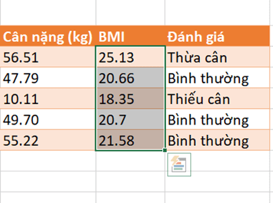 Mở tệp ThucHanh.xlsx, trong Bảng chỉ số BMI của một nhóm, hãy cho biết ô nào chứa dữ liệu trực tiếp