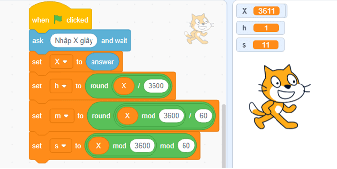 Em hãy tạo chương trình Scratch để nhập từ bàn phím số giây X sau đó thông báo