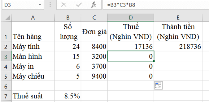 Trong trang tính được tạo ra từ Hoạt động 1 tại ô D2 lập công thức