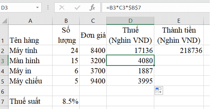 Trong trang tính được tạo ra từ Hoạt động 1 tại ô D2 lập công thức