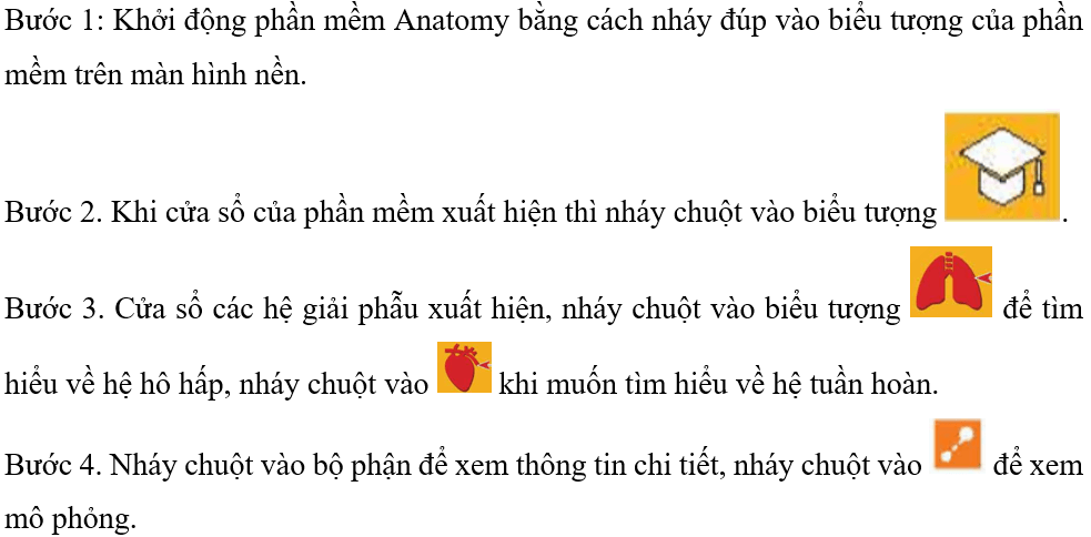 Nêu các việc cần thực hiện để xem mô phỏng hệ tuần hoàn, hệ hô hấp