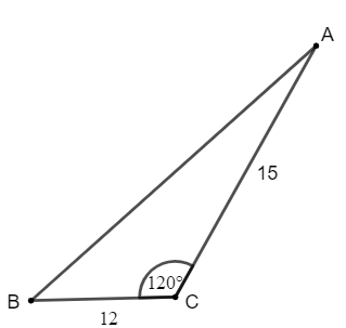 Cho tam giác ABC có BC = 12, CA = 15, góc C = 120 độ . Tính