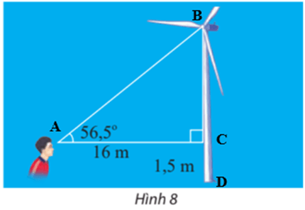 Một người đứng cách thân một cái quạt gió 16 m và nhìn thấy tâm của cánh quạt với góc nâng 56,5 độ