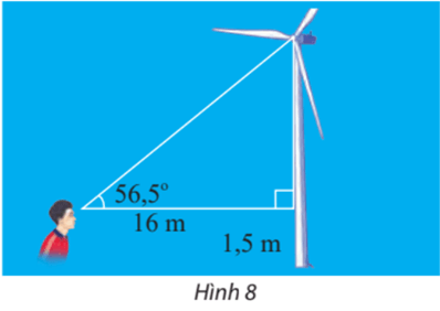 Một người đứng cách thân một cái quạt gió 16 m và nhìn thấy tâm của cánh quạt với góc nâng 56,5 độ