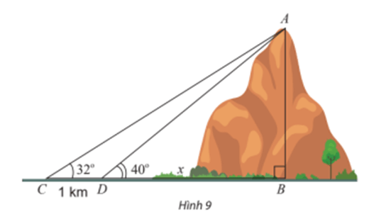 Tính chiều cao AB của một ngọn núi. Biết tại hai điểm C, D cách nhau 1 km trên mặt đất 