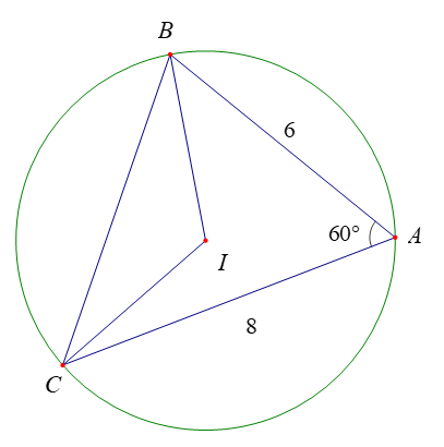 Cho tam giác ABC có AB = 6, AC = 8 và góc A = 60 độ. Tính diện tích tam giác ABC