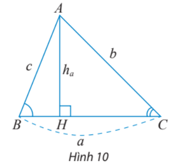Cho tam giác ABC như Hình 10. Viết công thức tính diện tích S của tam giác ABC