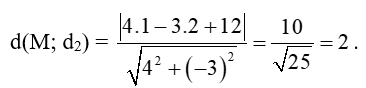 Tính khoảng cách giữa hai đường thẳng d1: 4x – 3y + 2 = 0 và d2: 4x – 3y + 12 = 0