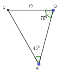 Cho tam giác ABC có a = 10, góc A = 45 độ, góc B = 70 độ