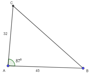 Giải tam giác ABC, biết b = 32, c = 45, góc A = 87 độ