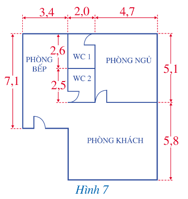 Tính diện tích mặt bằng của ngôi nhà được mô tả như Hình 7