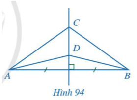 Trong Hình 94, đường thẳng CD là đường trung trực của đoạn thẳng AB