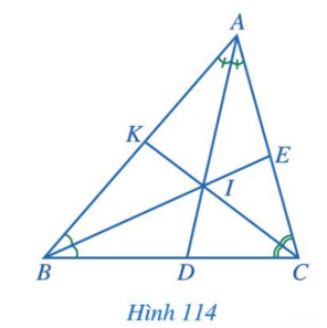 Quan sát các đường phân giác AD, BE, CK của tam giác ABC (Hình 114)