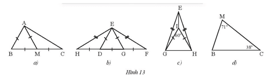 Tìm các tam giác cân và tam giác đều trong mỗi hình sau (Hình 13)