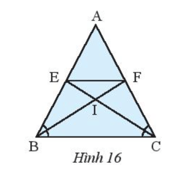 Cho tam giác ABC cân tại A (Hình 16). Tia phân giác của góc B cắt AC tại F