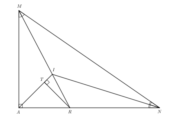 Cho tam giác AMN vuông tại A. Tia phân giác của góc M và N cắt nhau tại I