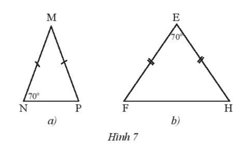 Tìm số đo các góc chưa biết của mỗi tam giác trong Hình 7